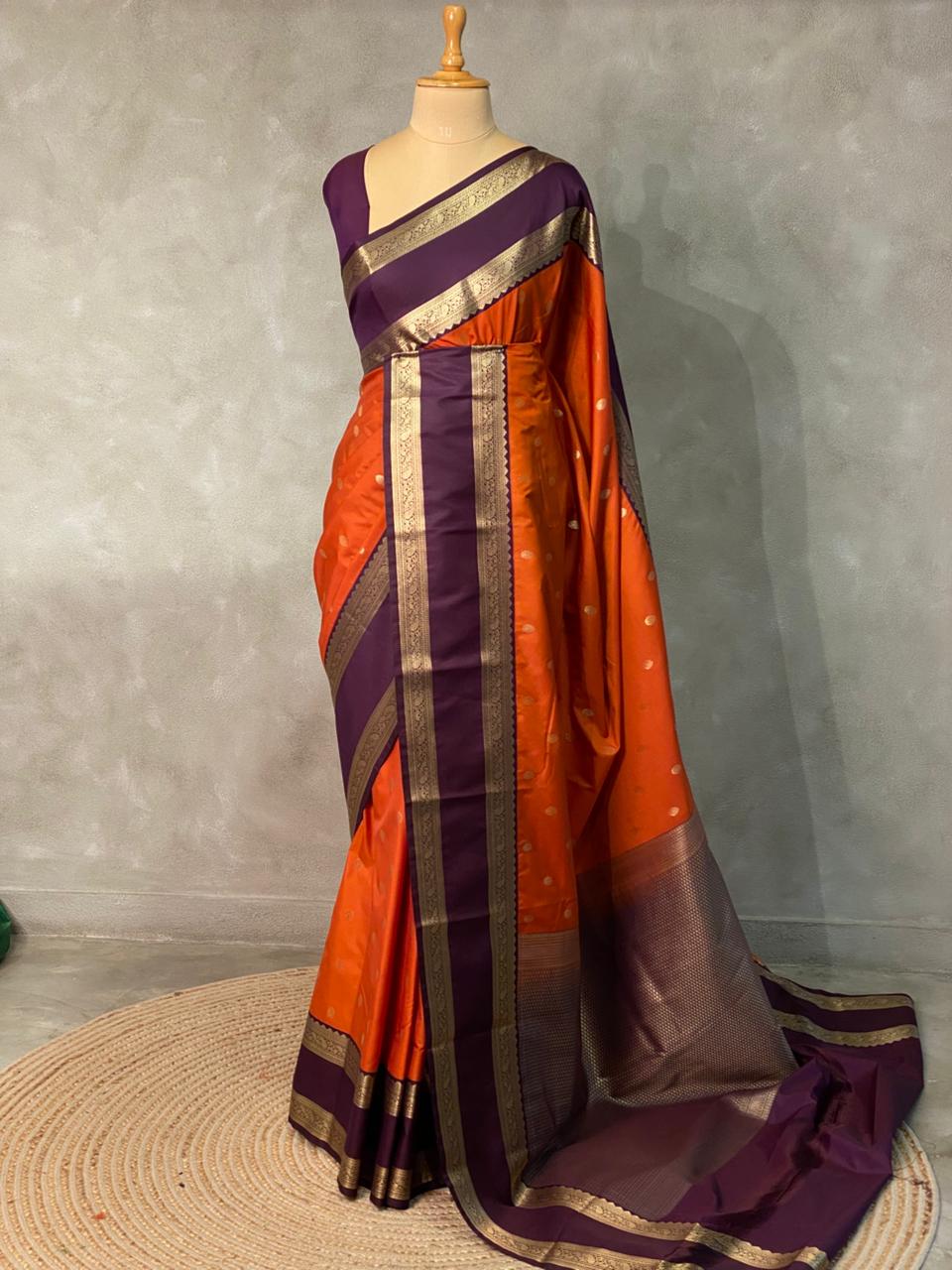 Rust Orange and deep purple silk saree- PSSR196