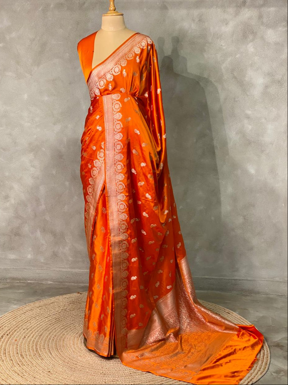 Orange and light gold zatin Banarasi saree- MPSZ