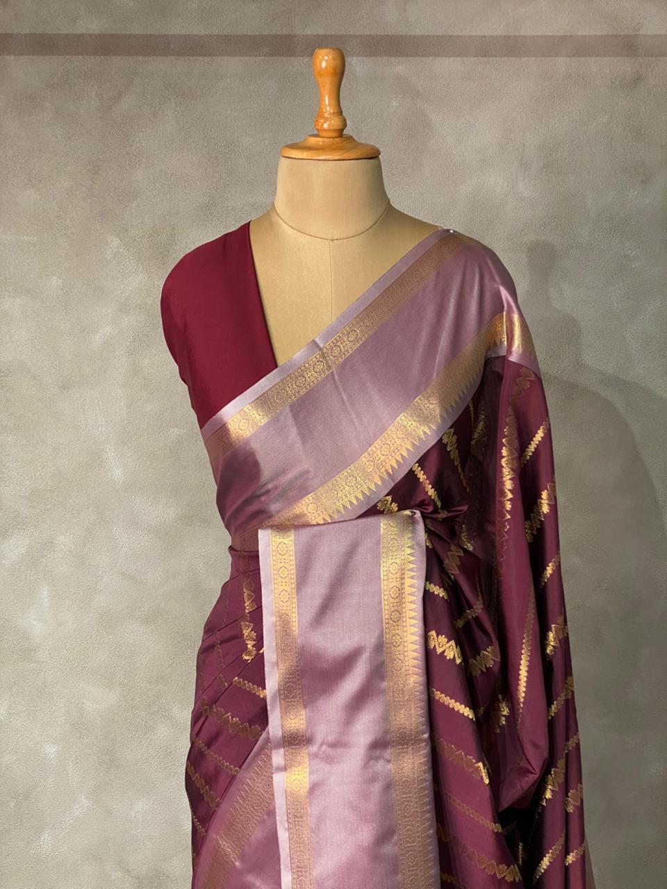 Dark purple and lavender semi Banarasi saree -PIH13A