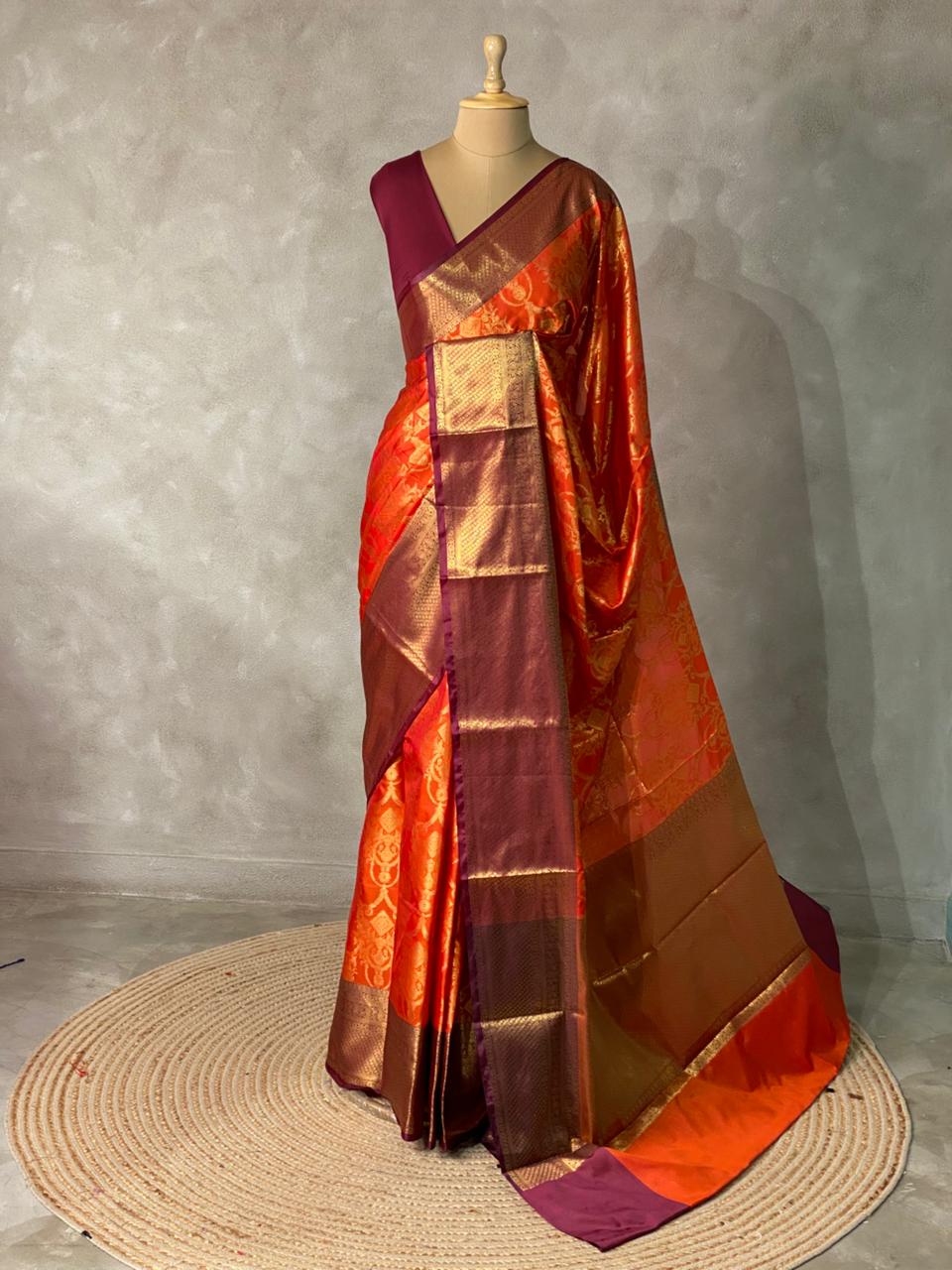 Rust Orange and Deep maroon semi Banarasi saree -PIH6