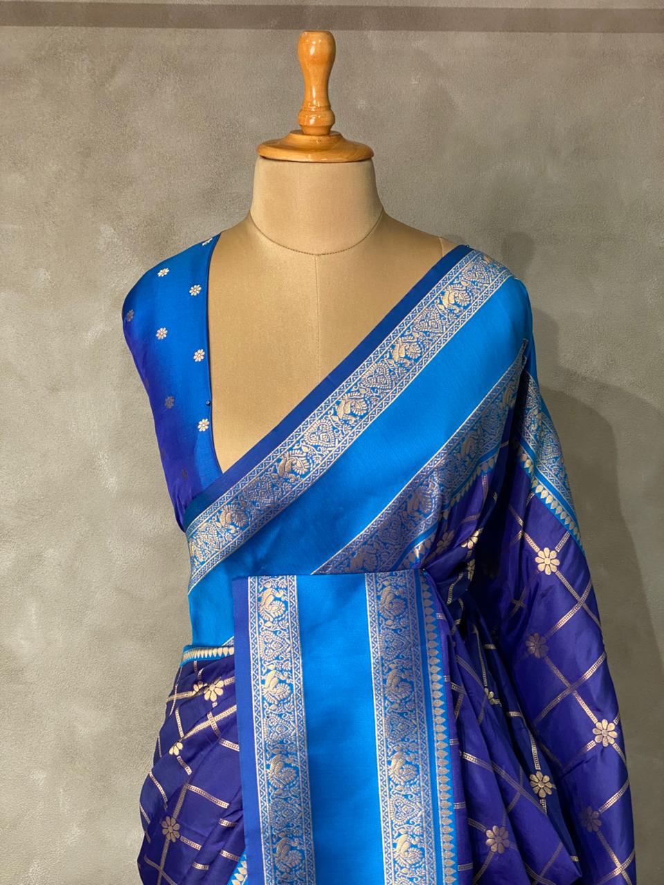 Navy blue and light blue Banarasi saree -BSP18