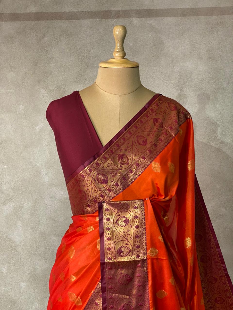 Orange and Deep Maroon semi Banarasi saree -PIH7