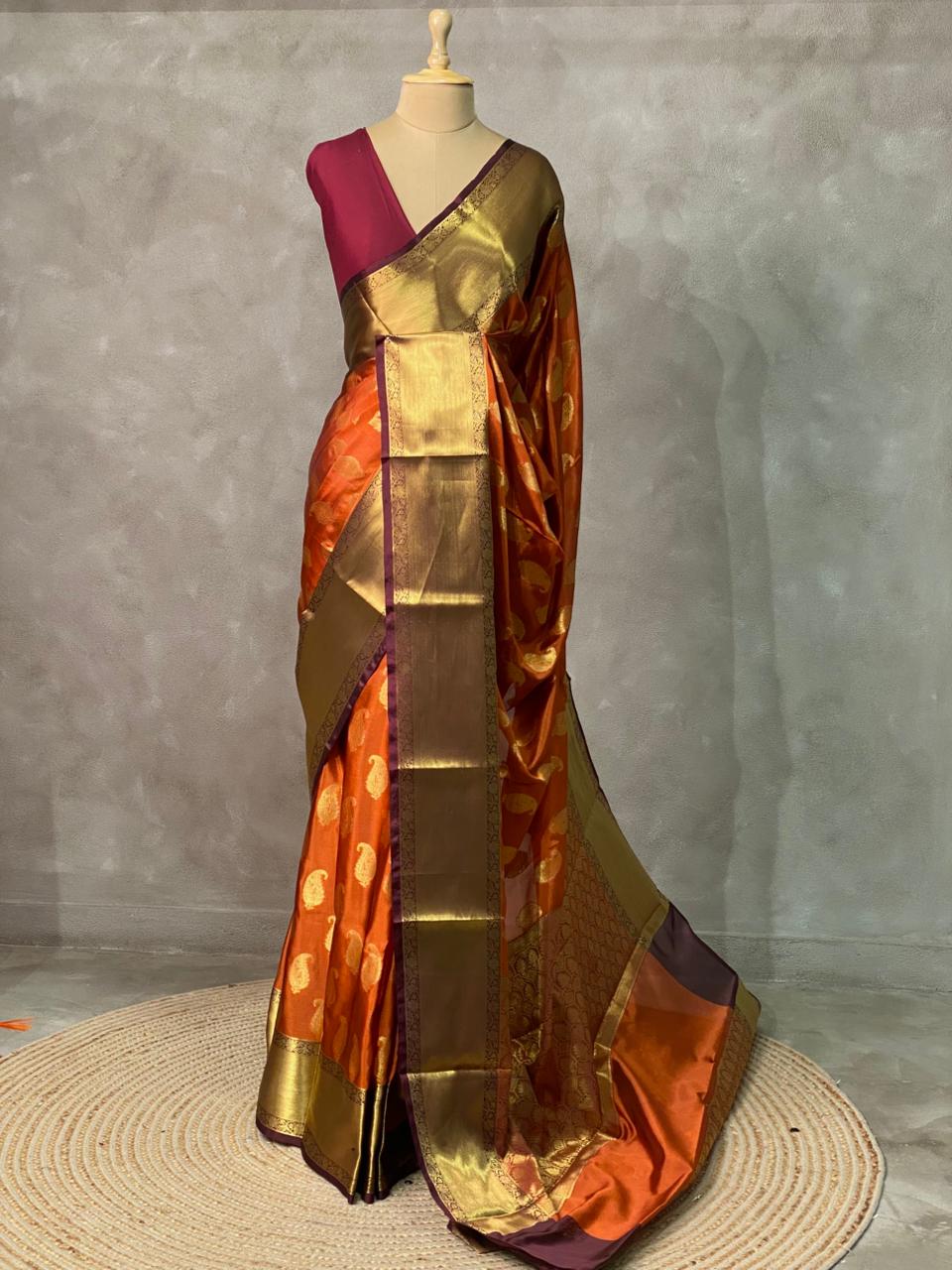 Rust Orange and Deep maroon semi Banarasi saree -PIH7