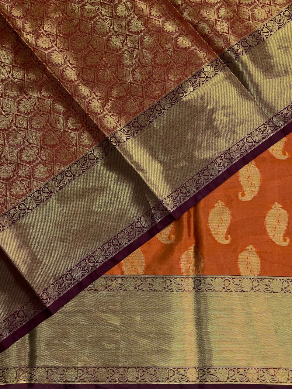 Rust Orange and Deep maroon semi Banarasi saree -PIH7