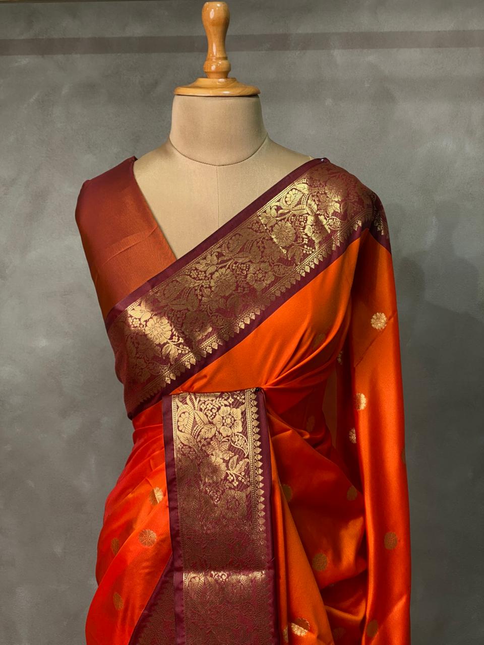 Rust Orange and Deep maroon semi Banarasi saree -PIH9