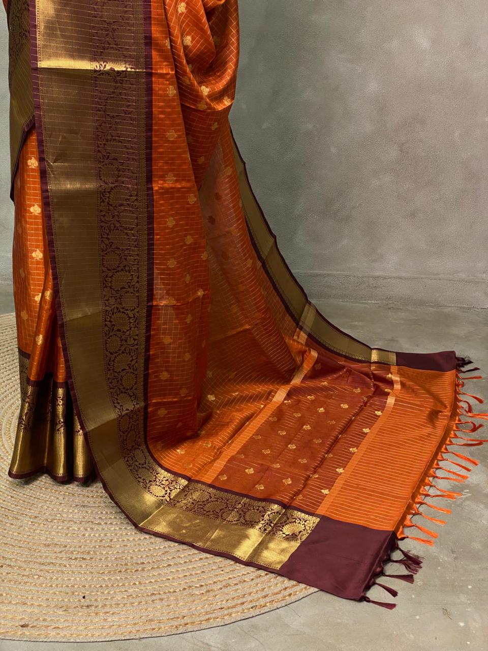 Rust orange and brown semi Banarasi saree -PIH11R