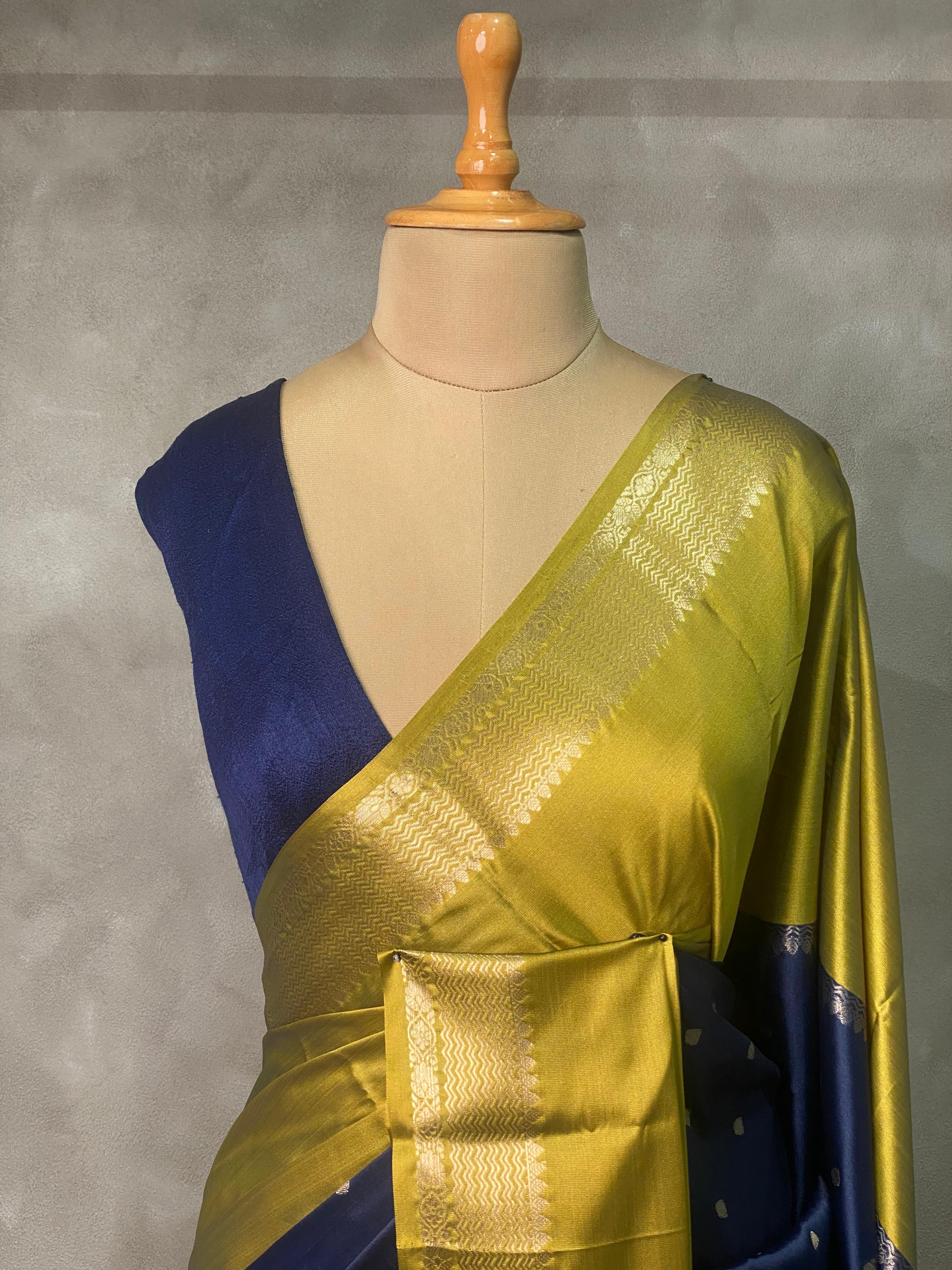 Blue and Olive Green Gajji silk saree -PIH14