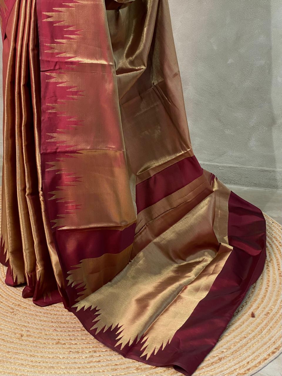 Maroon Temple border brocade banarasi silk saree - PIH31