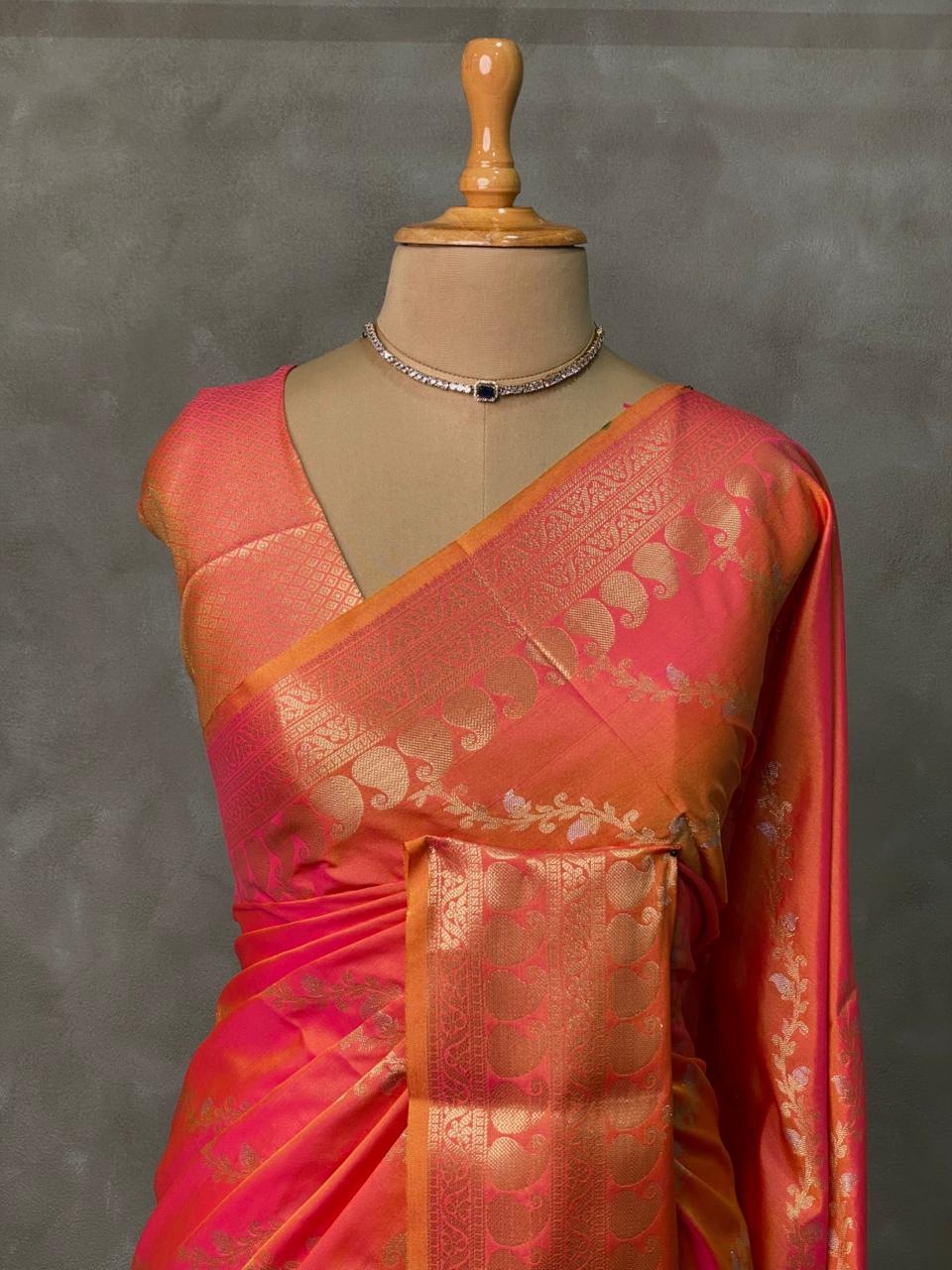 Pinkish orange banarasi silk saree - PIH32C