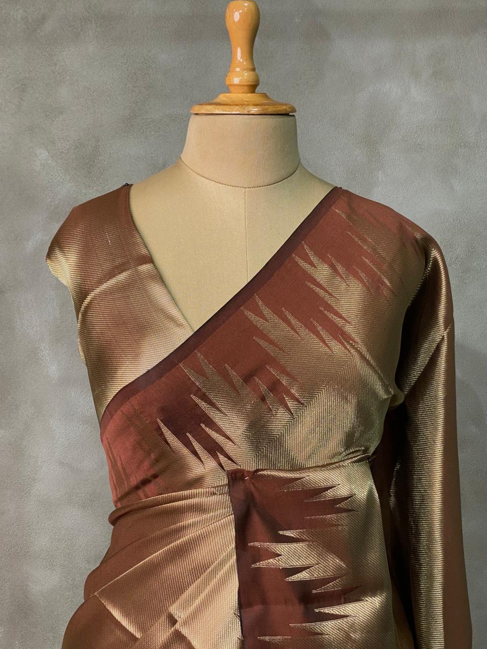 Brown Temple border brocade banarasi silk saree - PIH31C