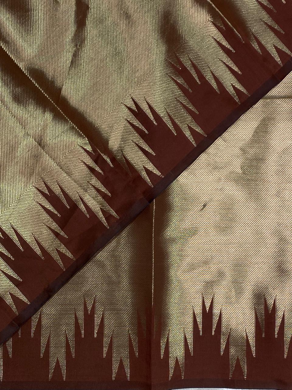 Brown Temple border brocade banarasi silk saree - PIH31C