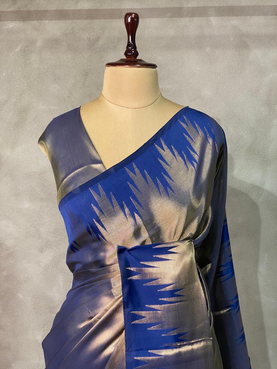 Blue Temple border brocade banarasi silk saree - PIH31D