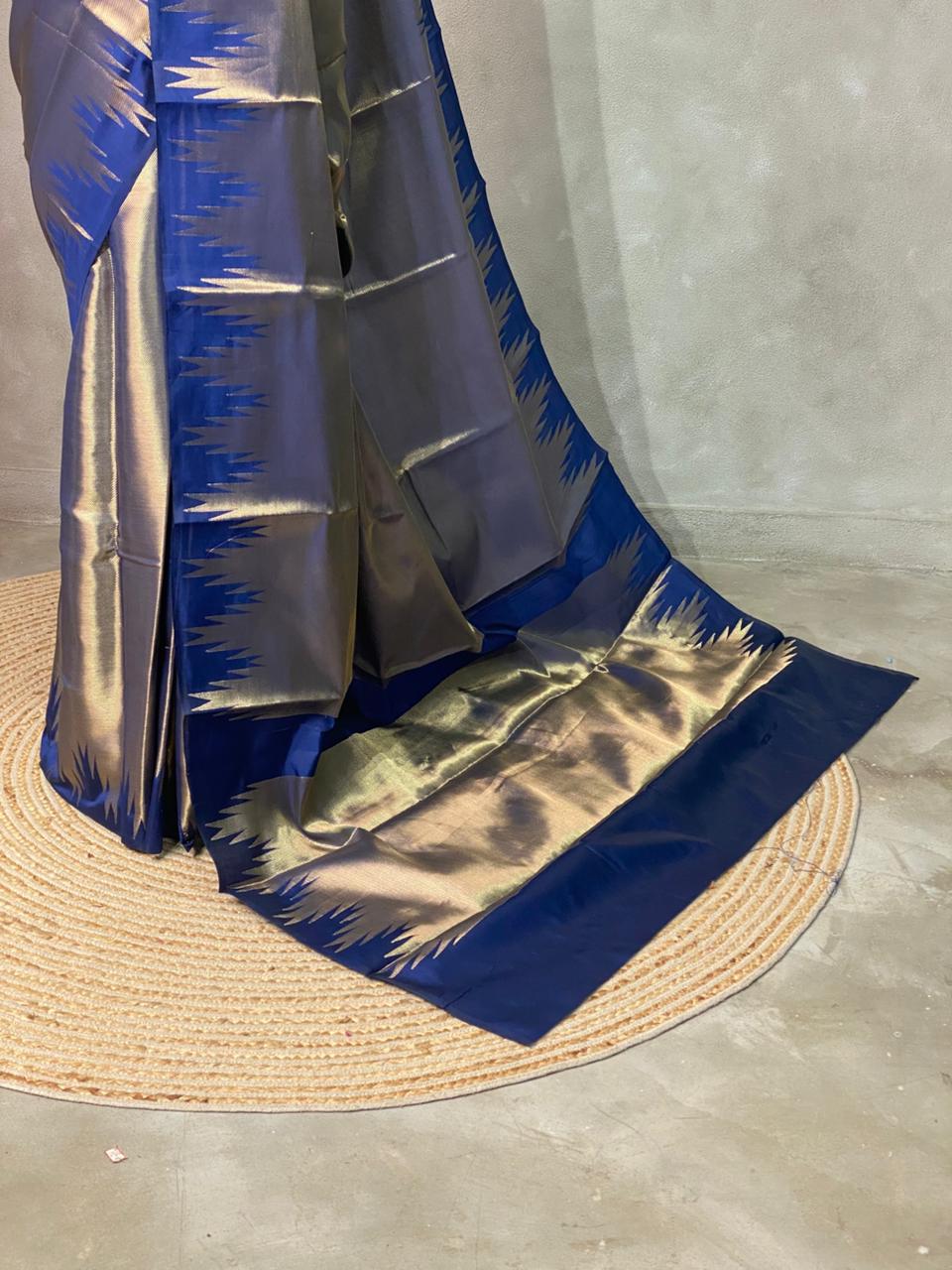 Blue Temple border brocade banarasi silk saree - PIH31D