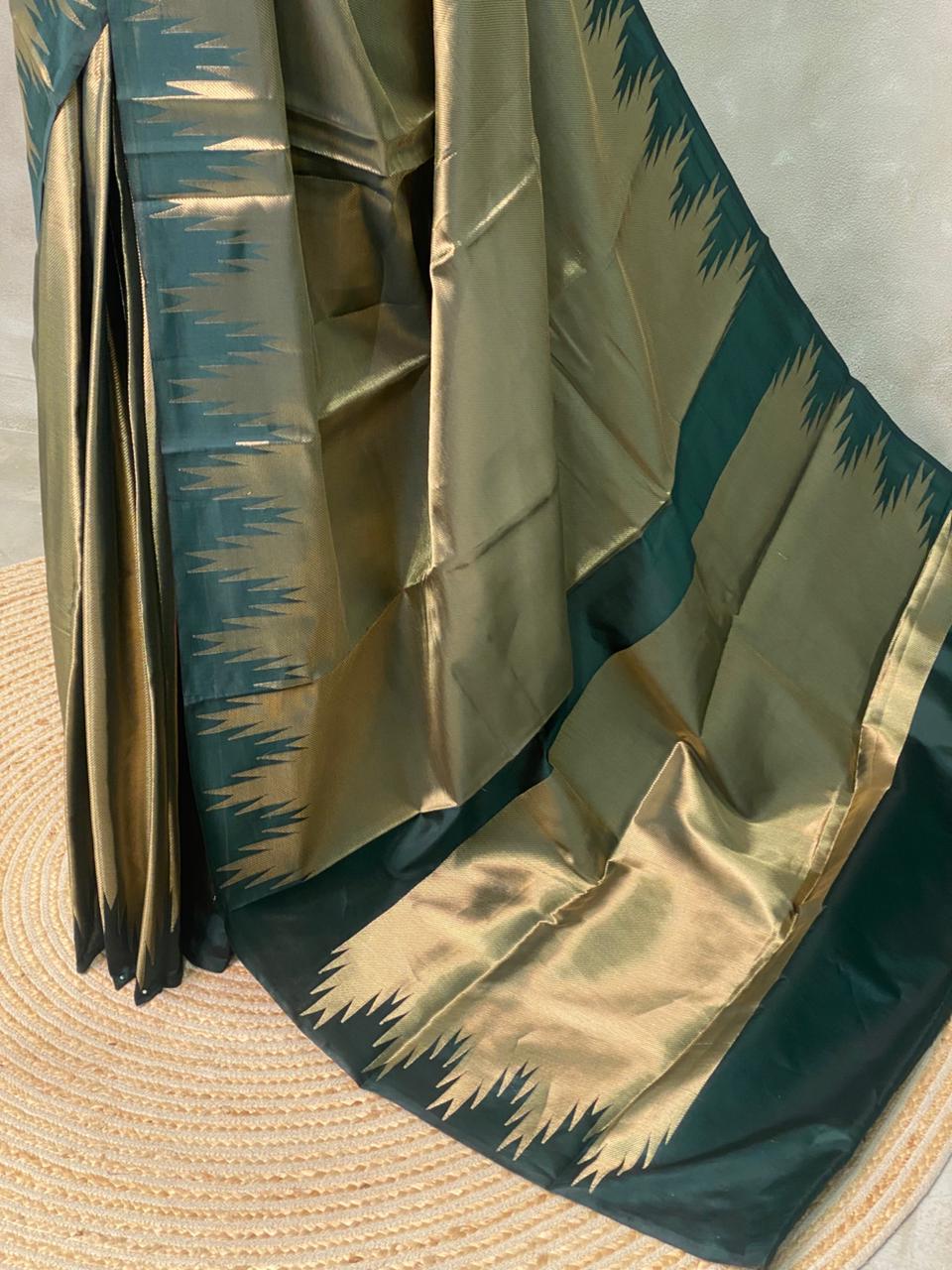 Dark Green Temple border brocade banarasi silk saree - PIH31H