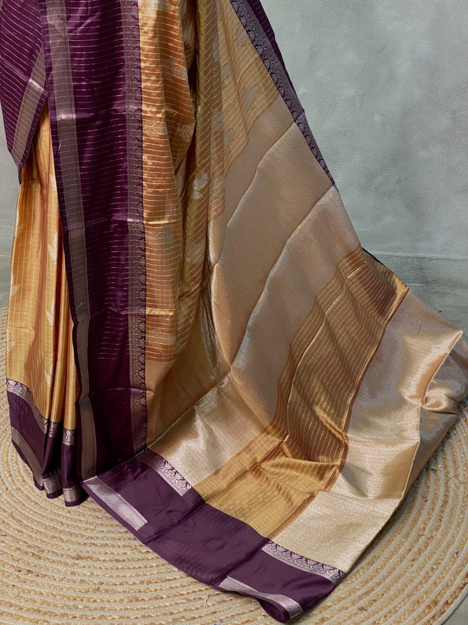 Golden yellow and purple Gajji silk saree -PIH34