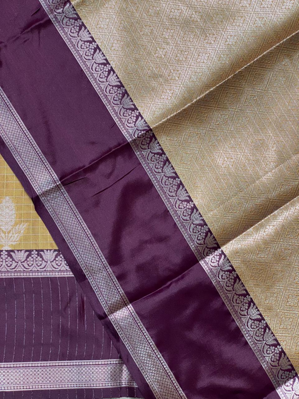 Golden yellow and purple Gajji silk saree -PIH34