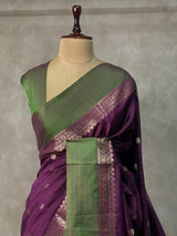 Wine and green banarasi silk saree -PMR3D