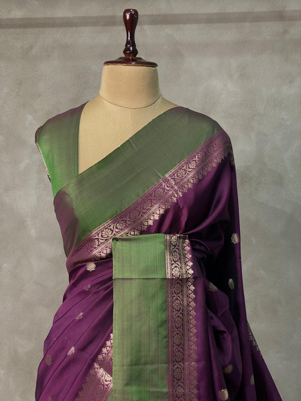 Wine and green banarasi silk saree -PMR3D