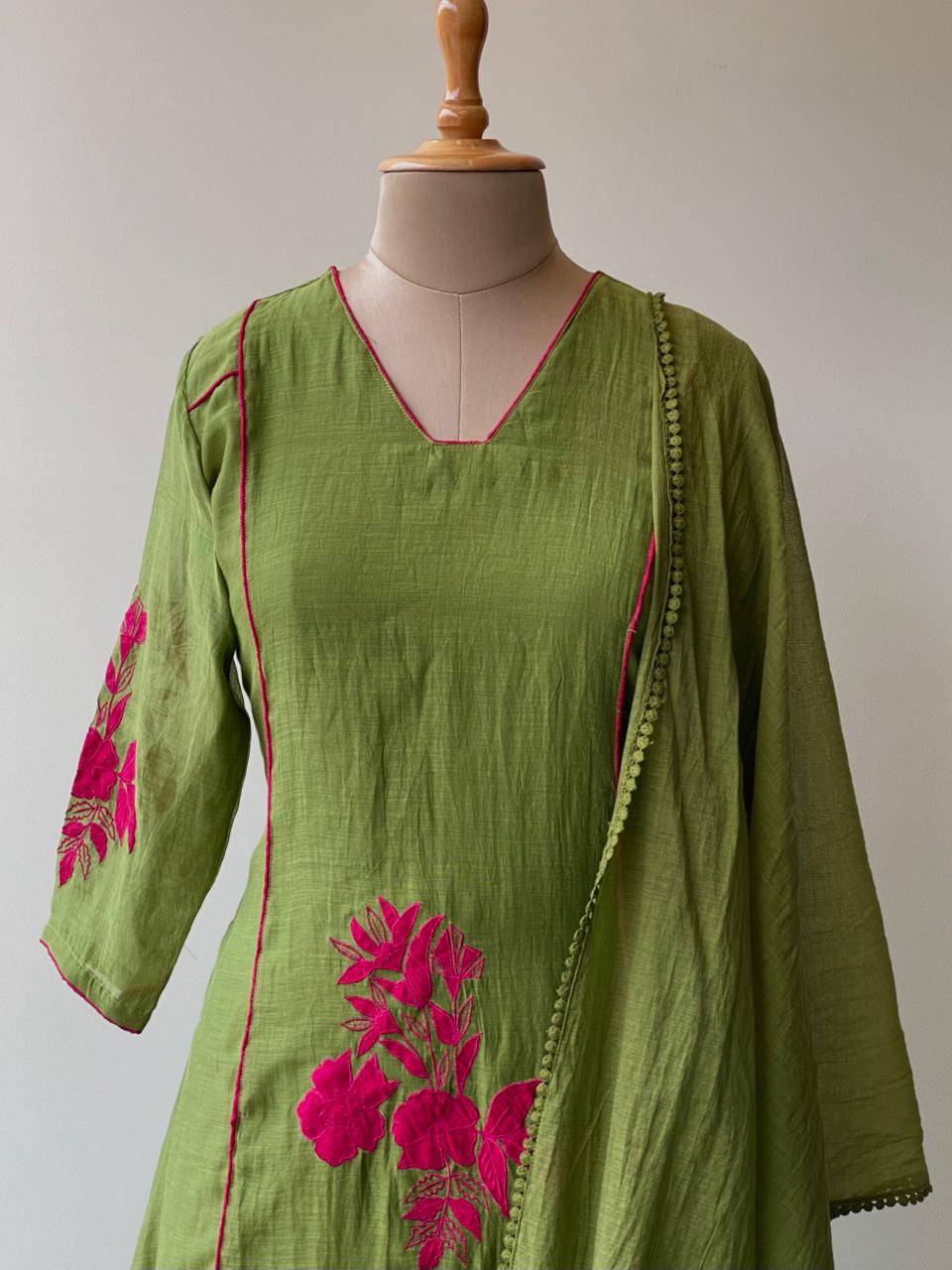 Olive Green and magenta mul chanderi salwar set -SMUL1 -SIZE40