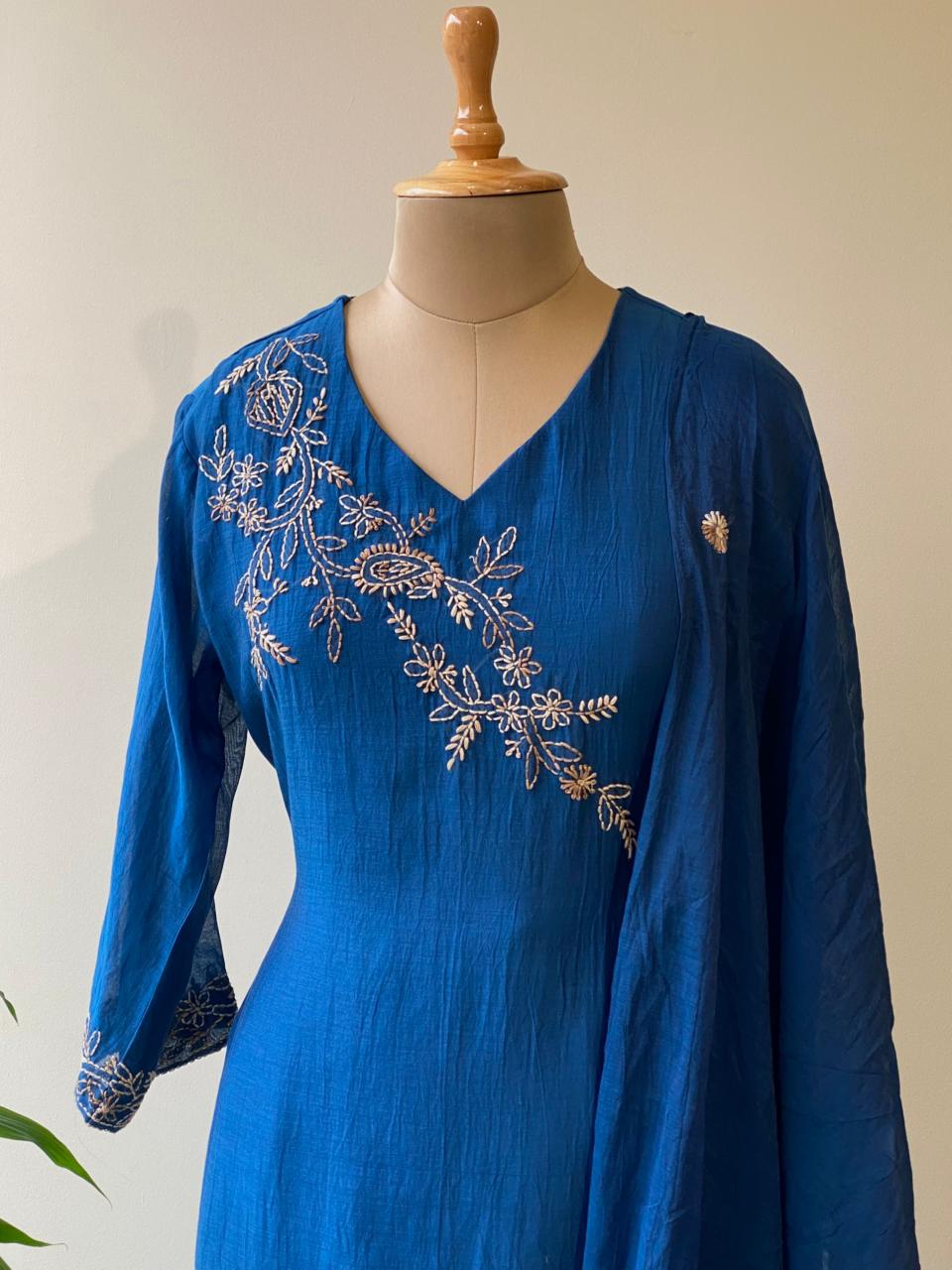 Blue Pure mul chanderi salwar set -SMUL9 -SIZE42