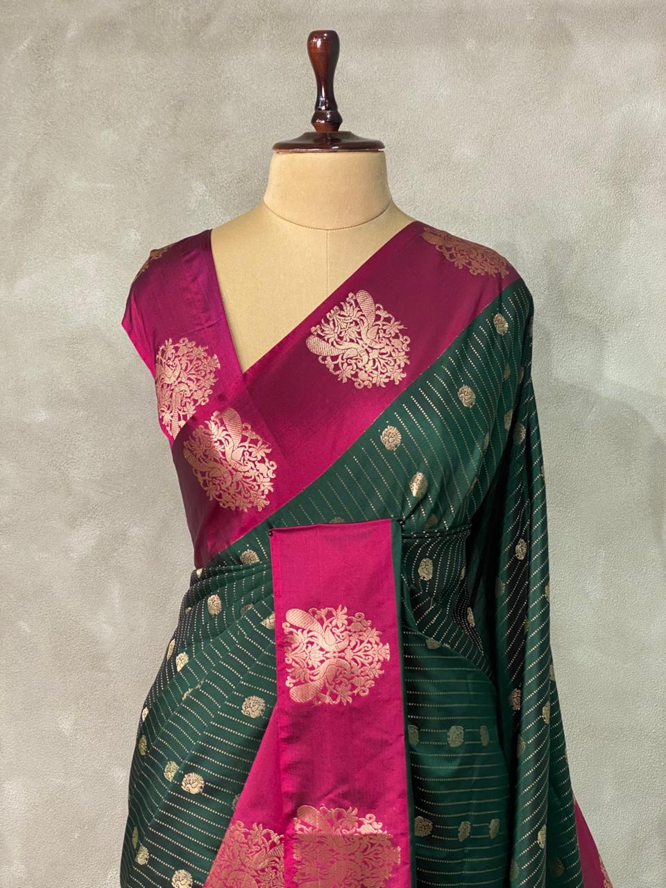 Bottle green and Magenta pure soft silk saree - PSOFTD6