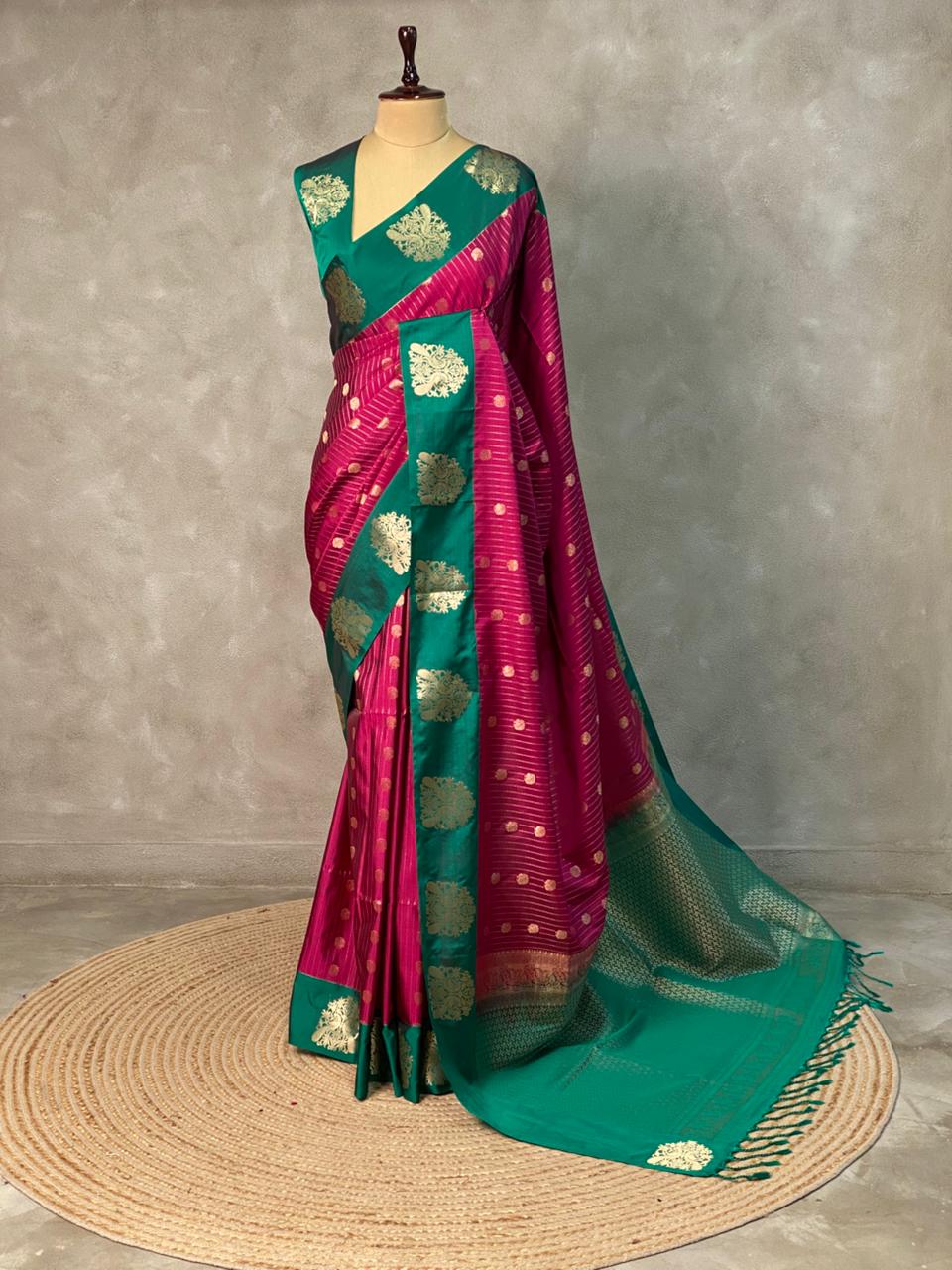 Magenta and Green Green pure soft silk saree - PSOFTD5