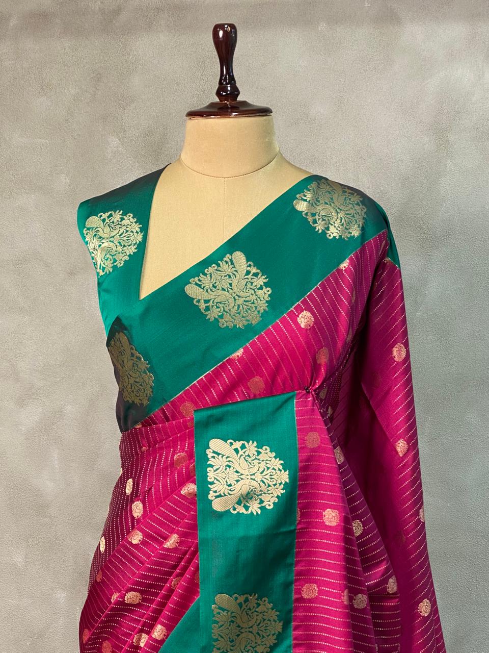 Magenta and Green Green pure soft silk saree - PSOFTD5