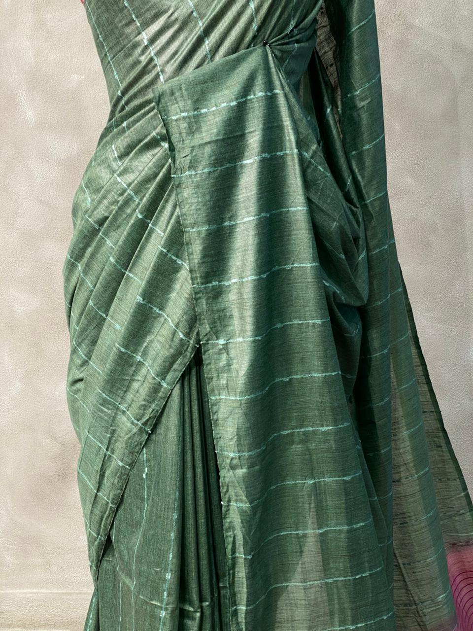 Moss green and onion pink Tusser silk saree -SOT18