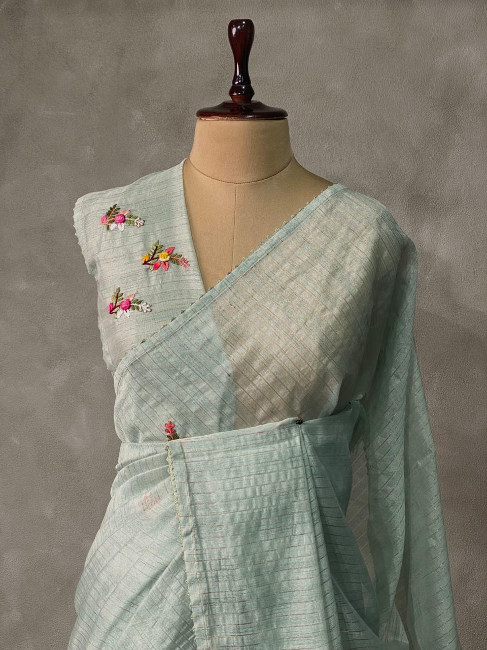 Pastal Bluish green jute tissuesaree -VR2C