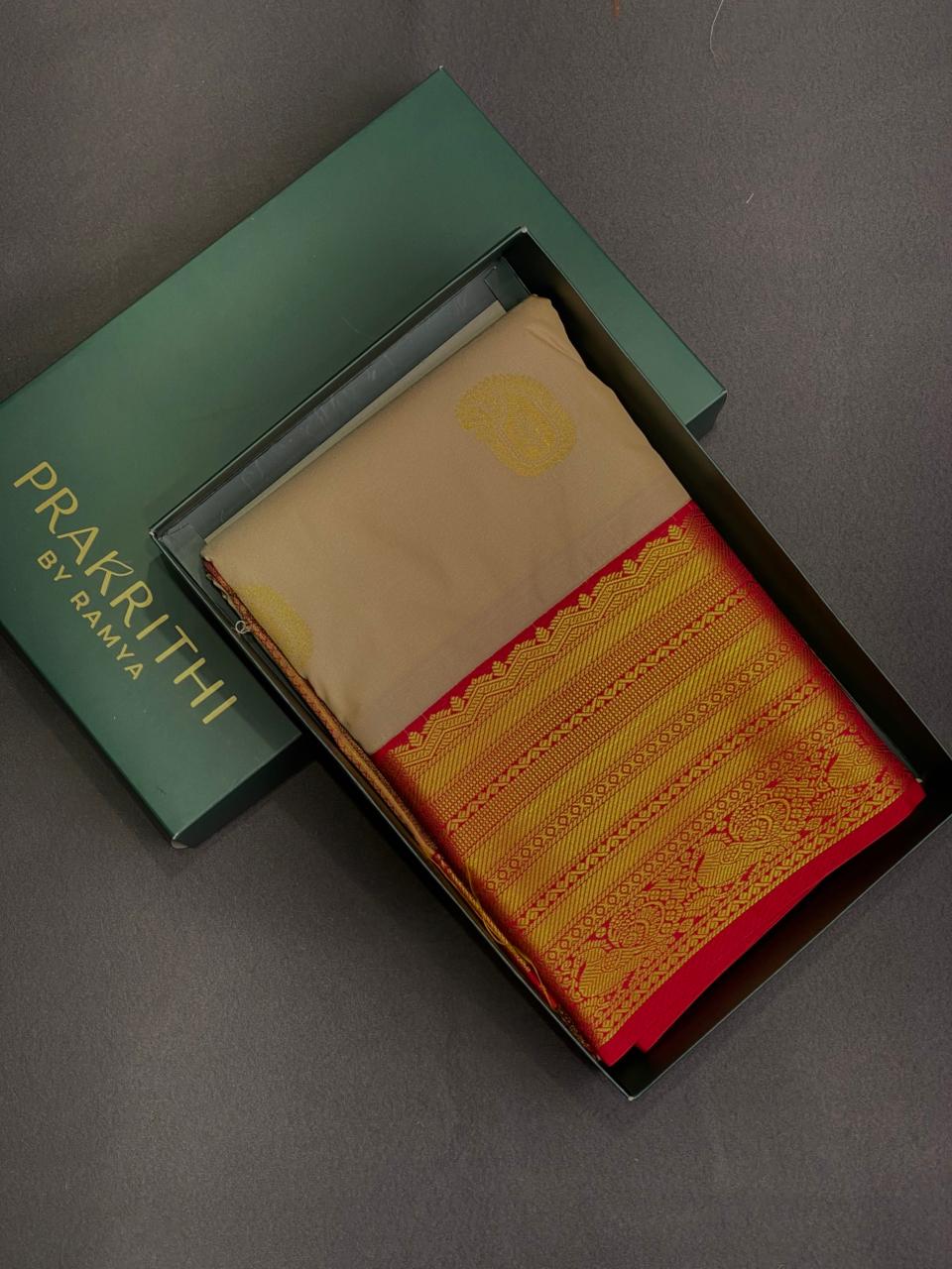 Beige and red kanchipuram silk saree- PSSR256