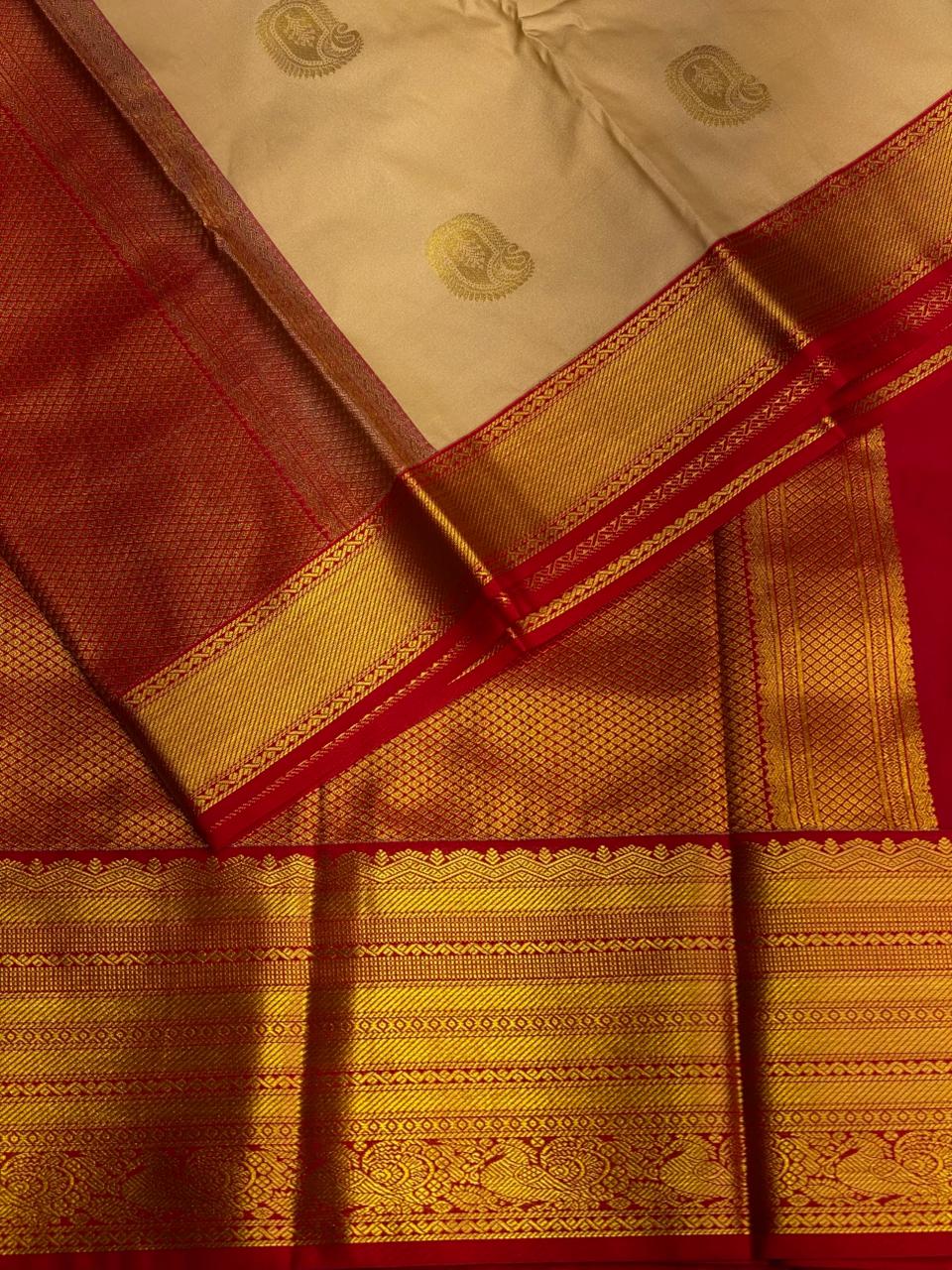 Beige and red kanchipuram silk saree- PSSR256