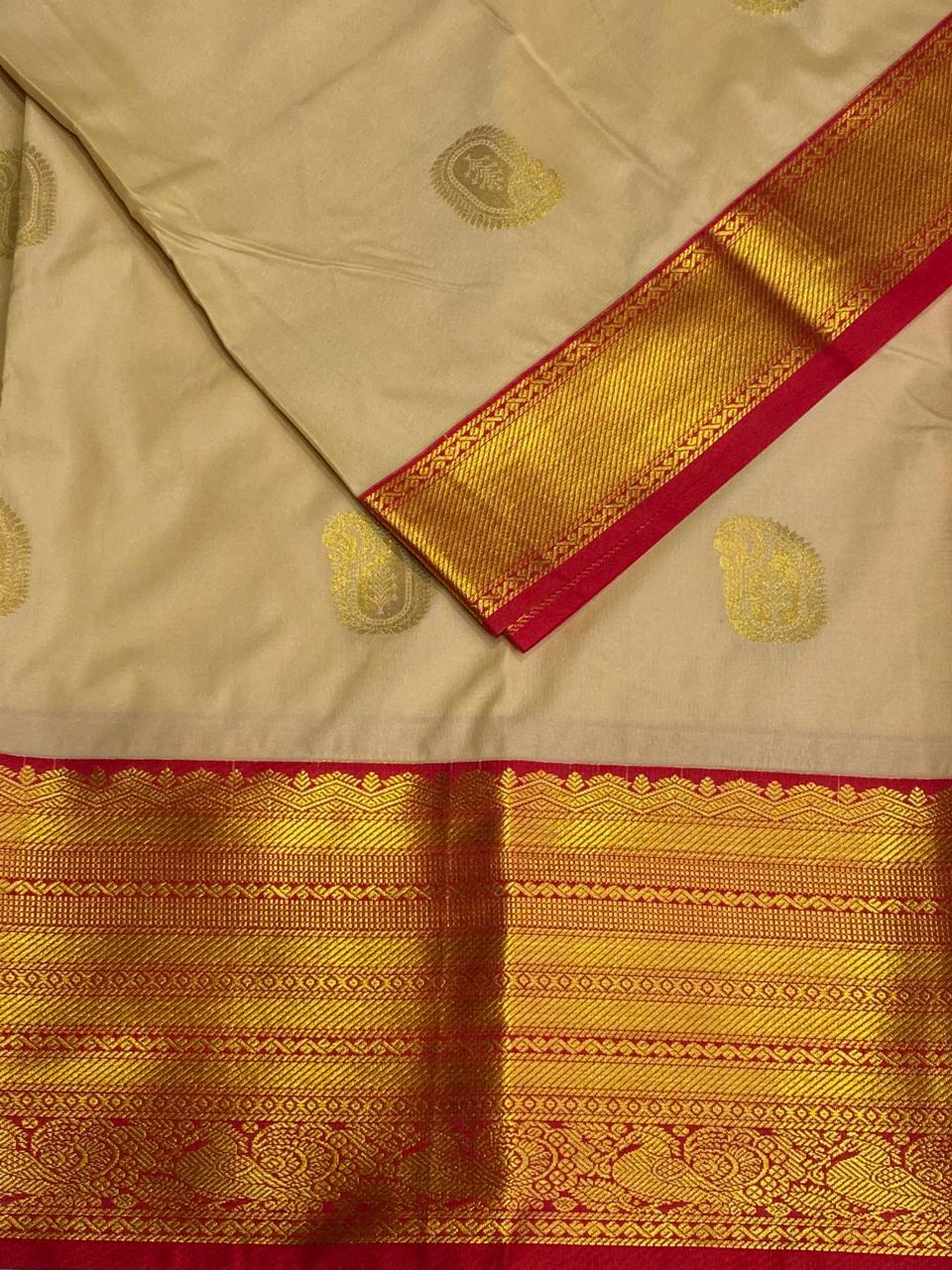 Beige and red kanchipuram silk saree- PSSR256