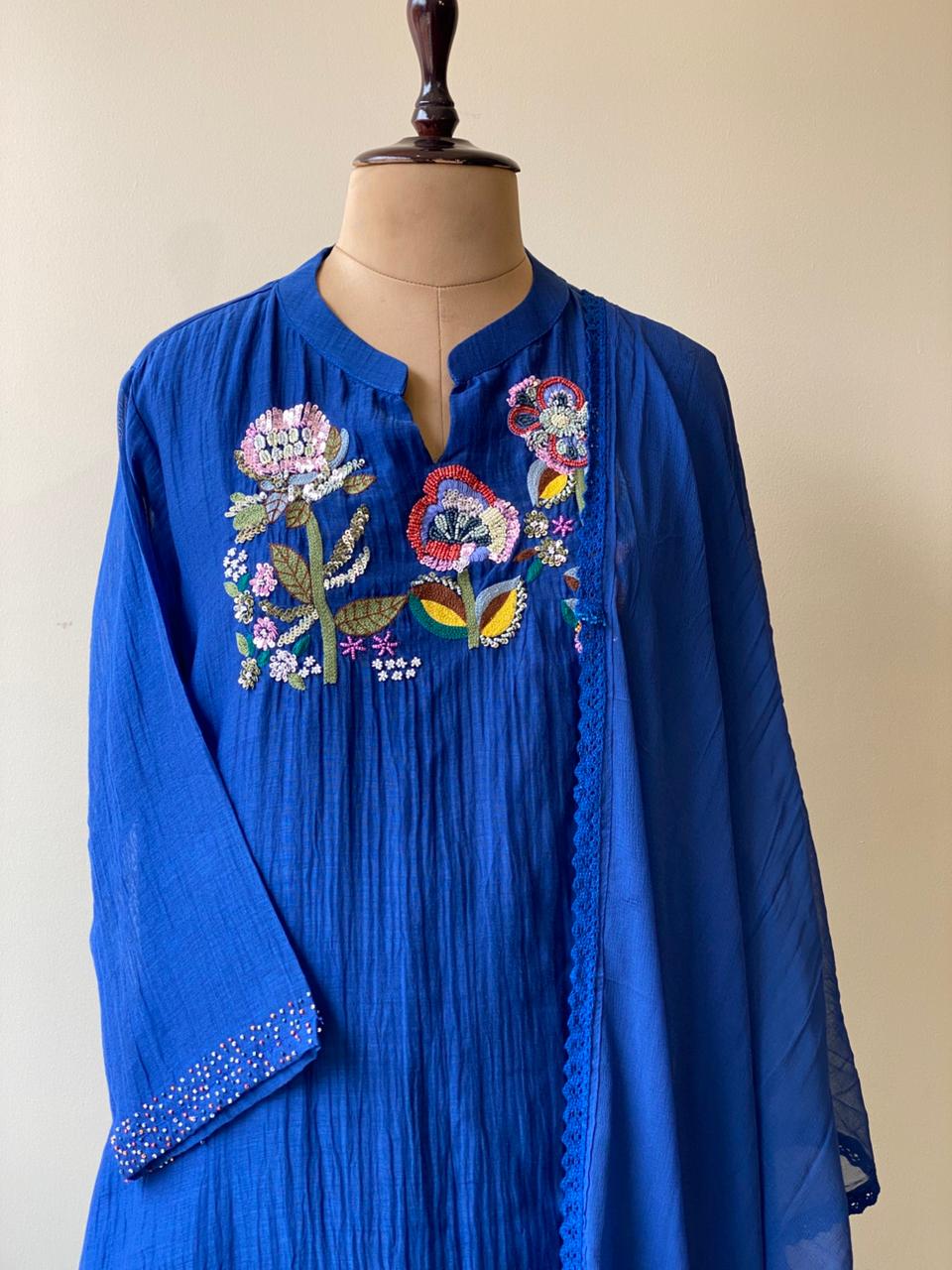 Blue Pure mul chanderi salwar set -SMUL18-SIZE44