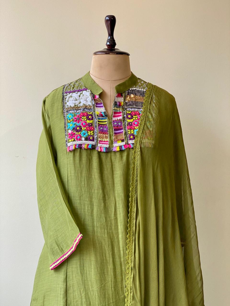 olive green Pure mul chanderi salwar set -SMUL22-SIZE44