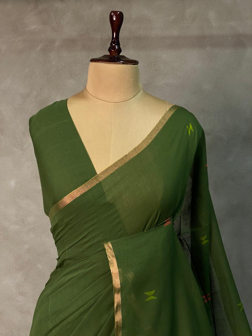 Olive Green khadi cotton saree - PRAJC9