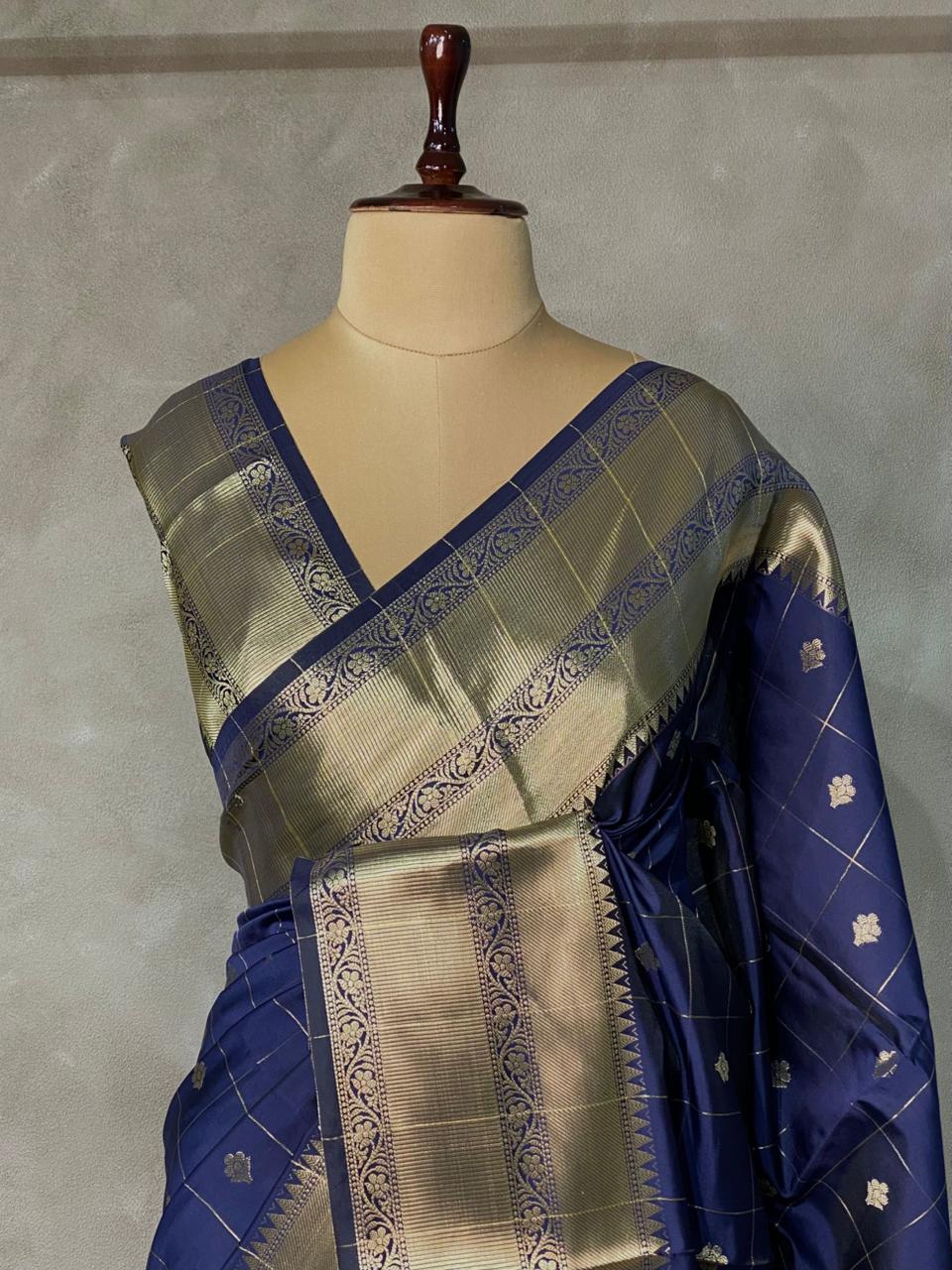 Navy Blue Banarasi silk Saree - RUK1B