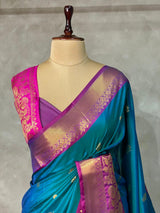 Peacock blue and Purple semi Banarasi silk saree -MPS37