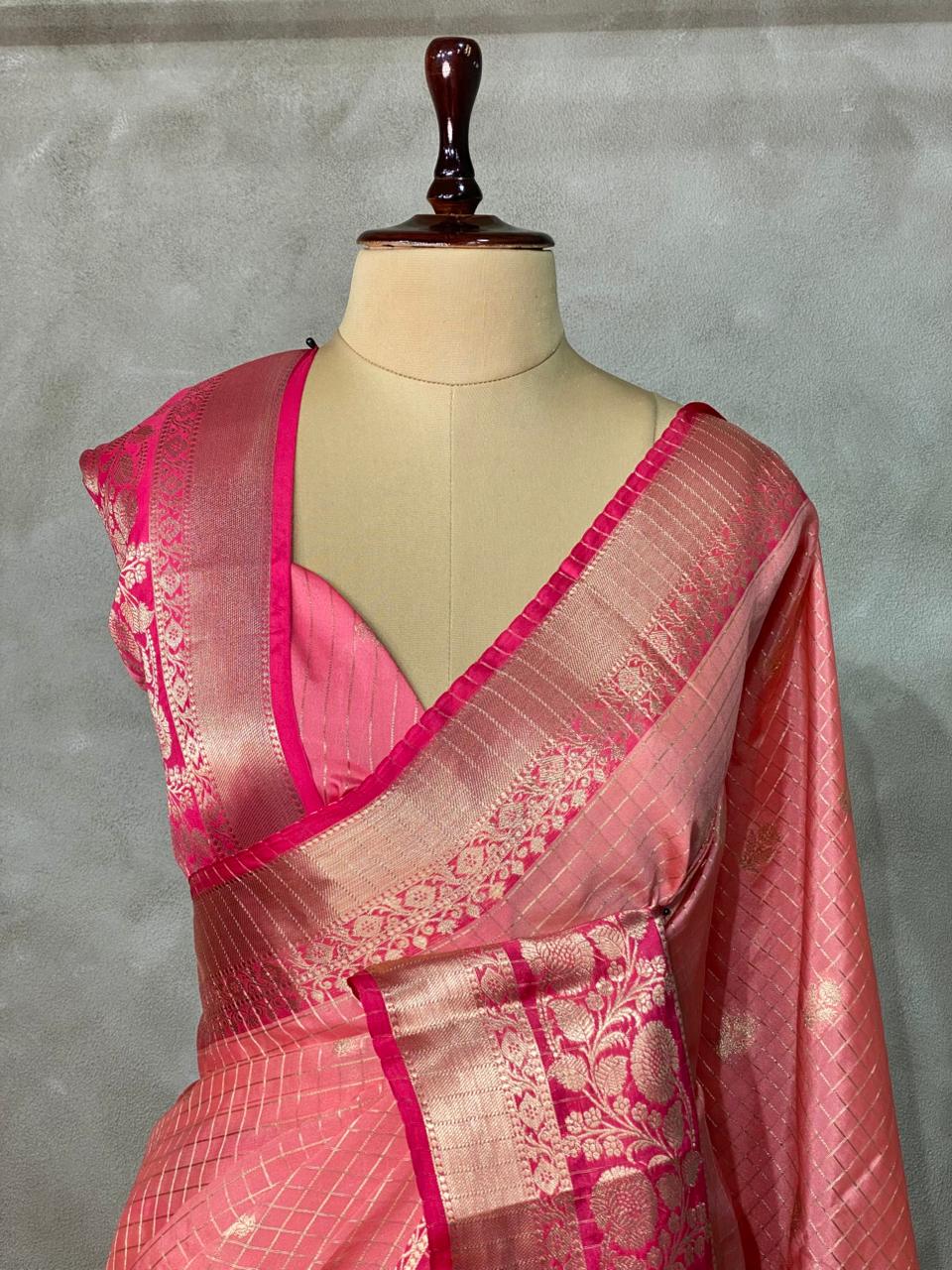 Peach and pink semi Banarasi silk saree -MPS45
