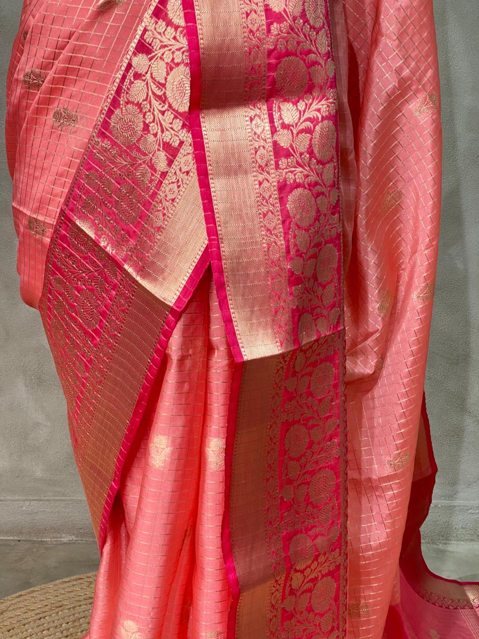 Peach and pink semi Banarasi silk saree -MPS45