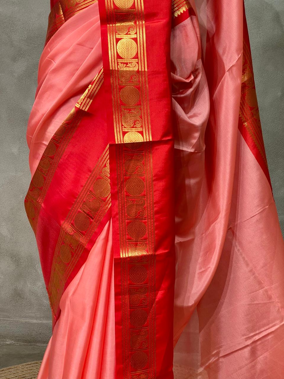Peach and Red semi Banarasi silk saree -PIH43