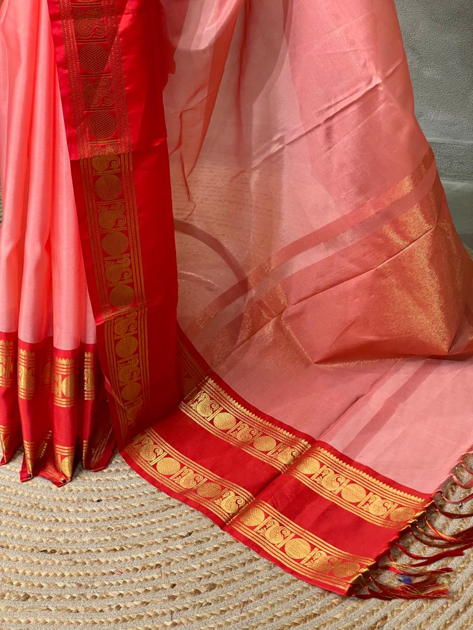 Peach and Red semi Banarasi silk saree -PIH43