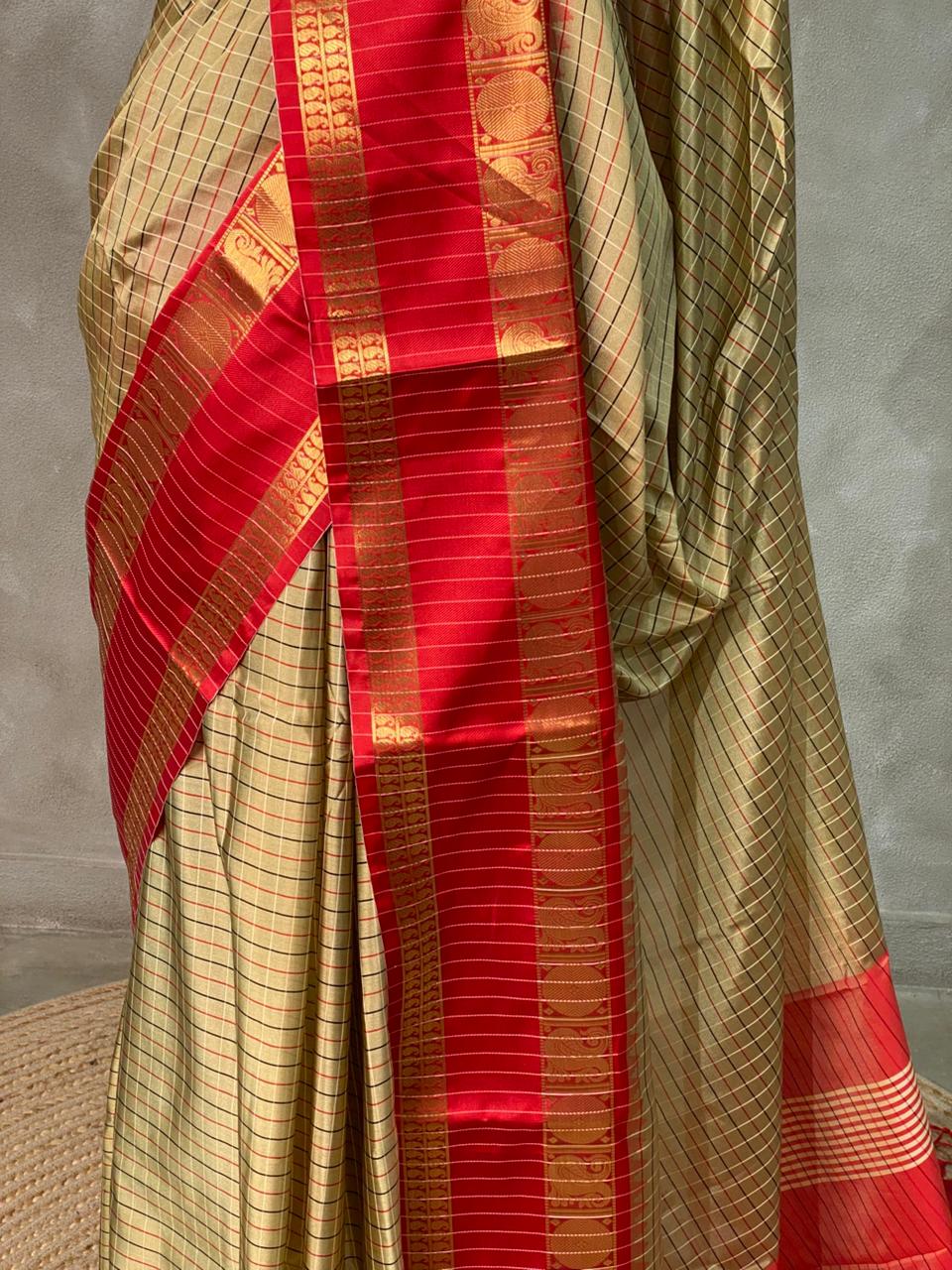 Light Gold and Red semi Banarasi silk saree -MPS40