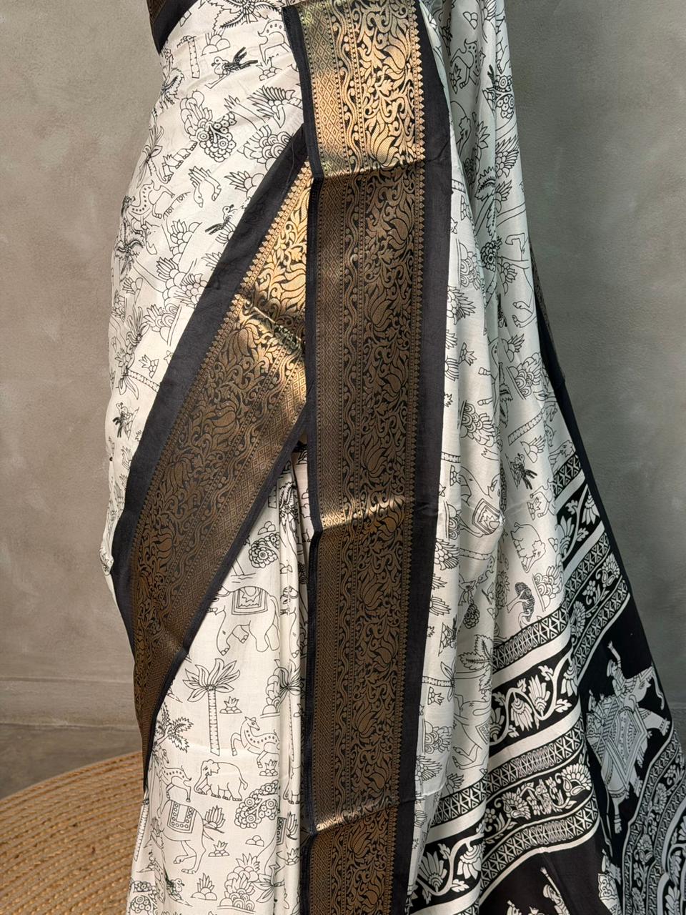 White and black soft silk saree - PSV5