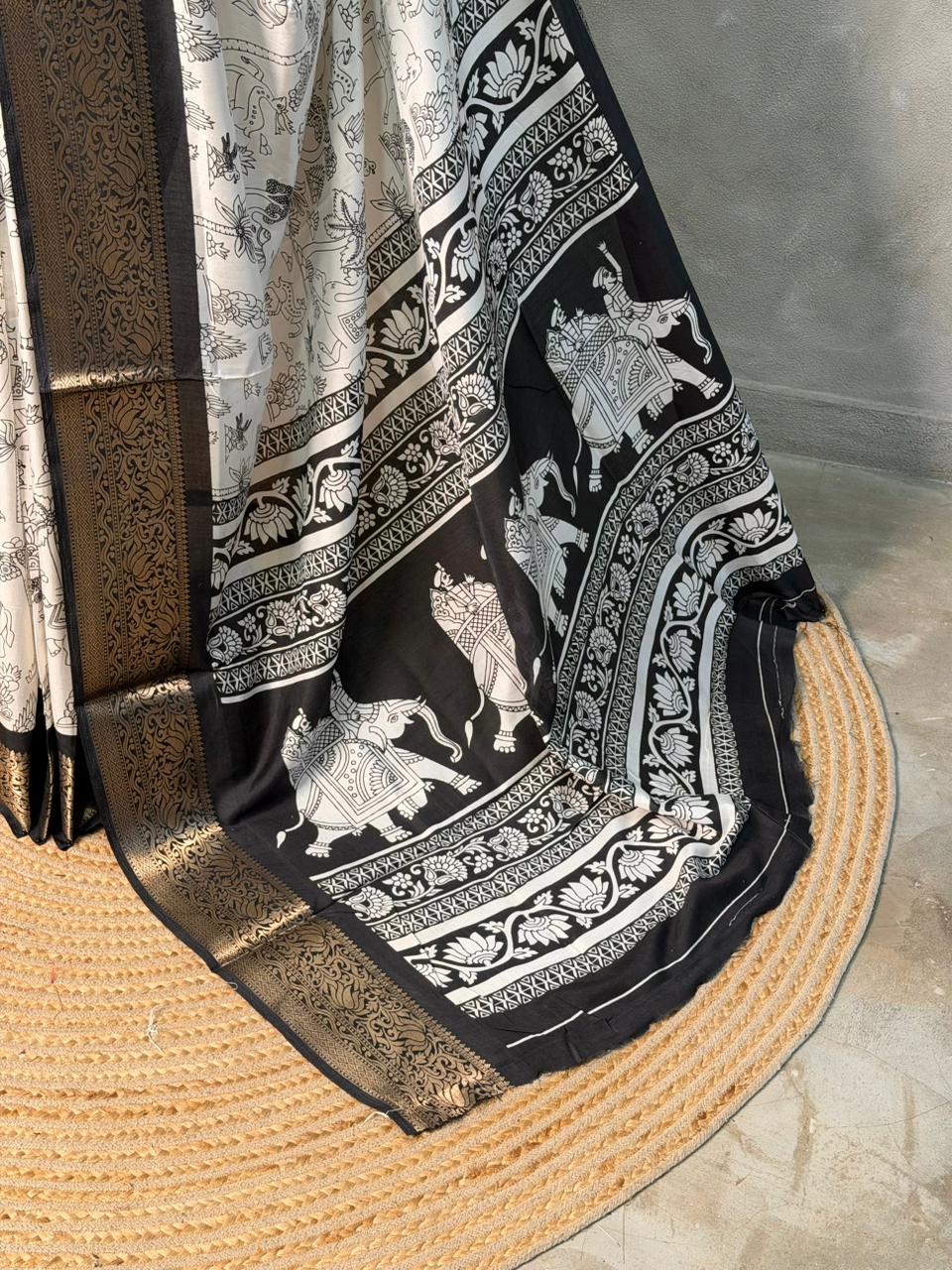 White and black soft silk saree - PSV5