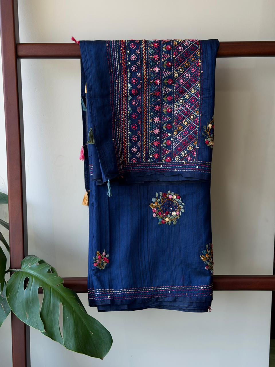 Navy Blue Hand embroidered Saree - PSSU1A