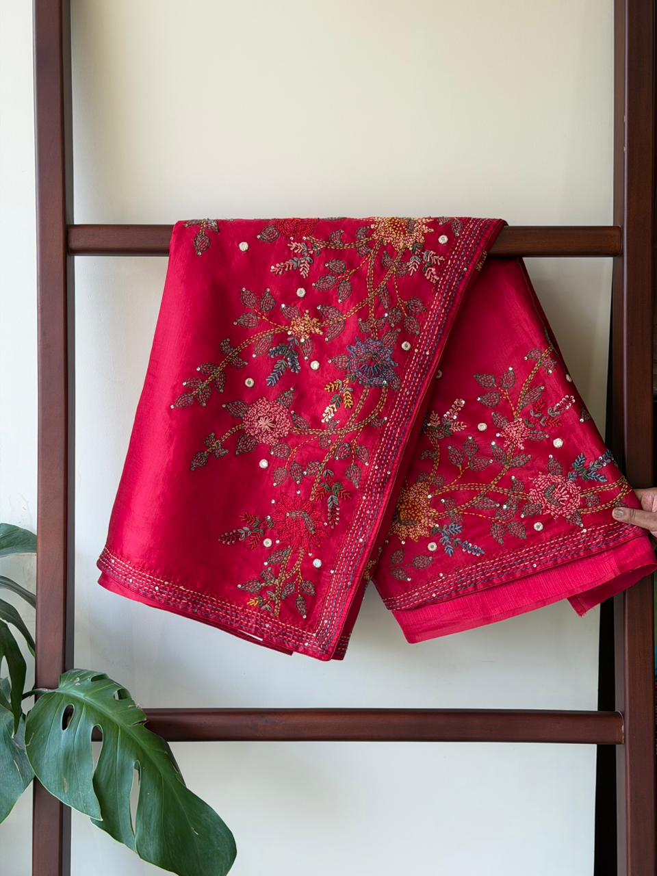 Red Hand embroidered Saree - PSSU1E