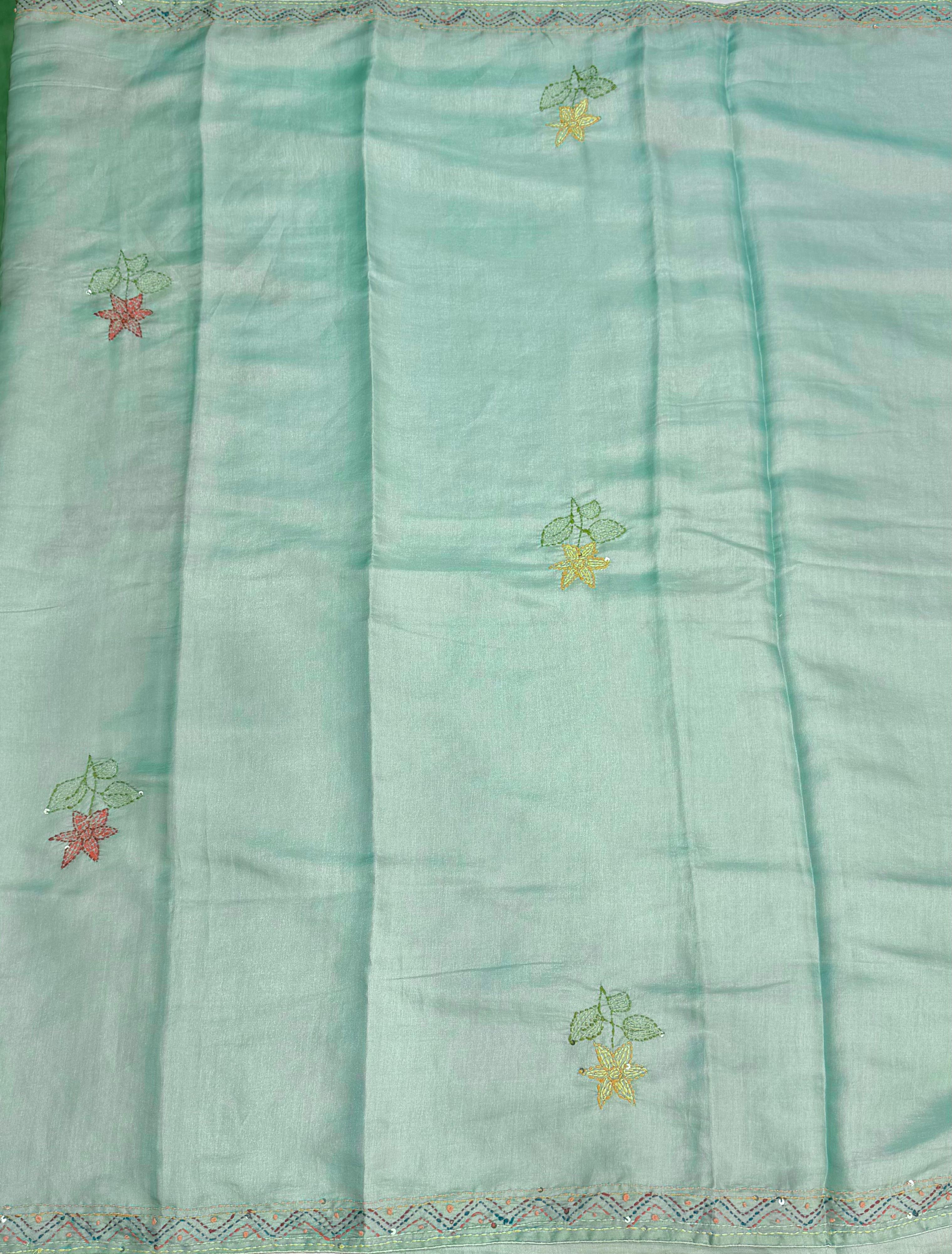 Pastal Blue kantha Hand embroidered Saree - PSSU1F