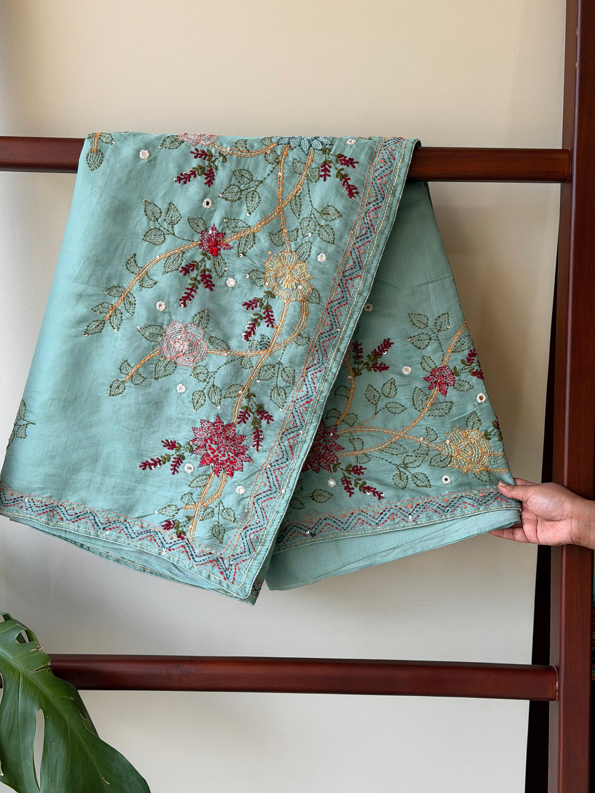Pastal Blue kantha Hand embroidered Saree - PSSU1F