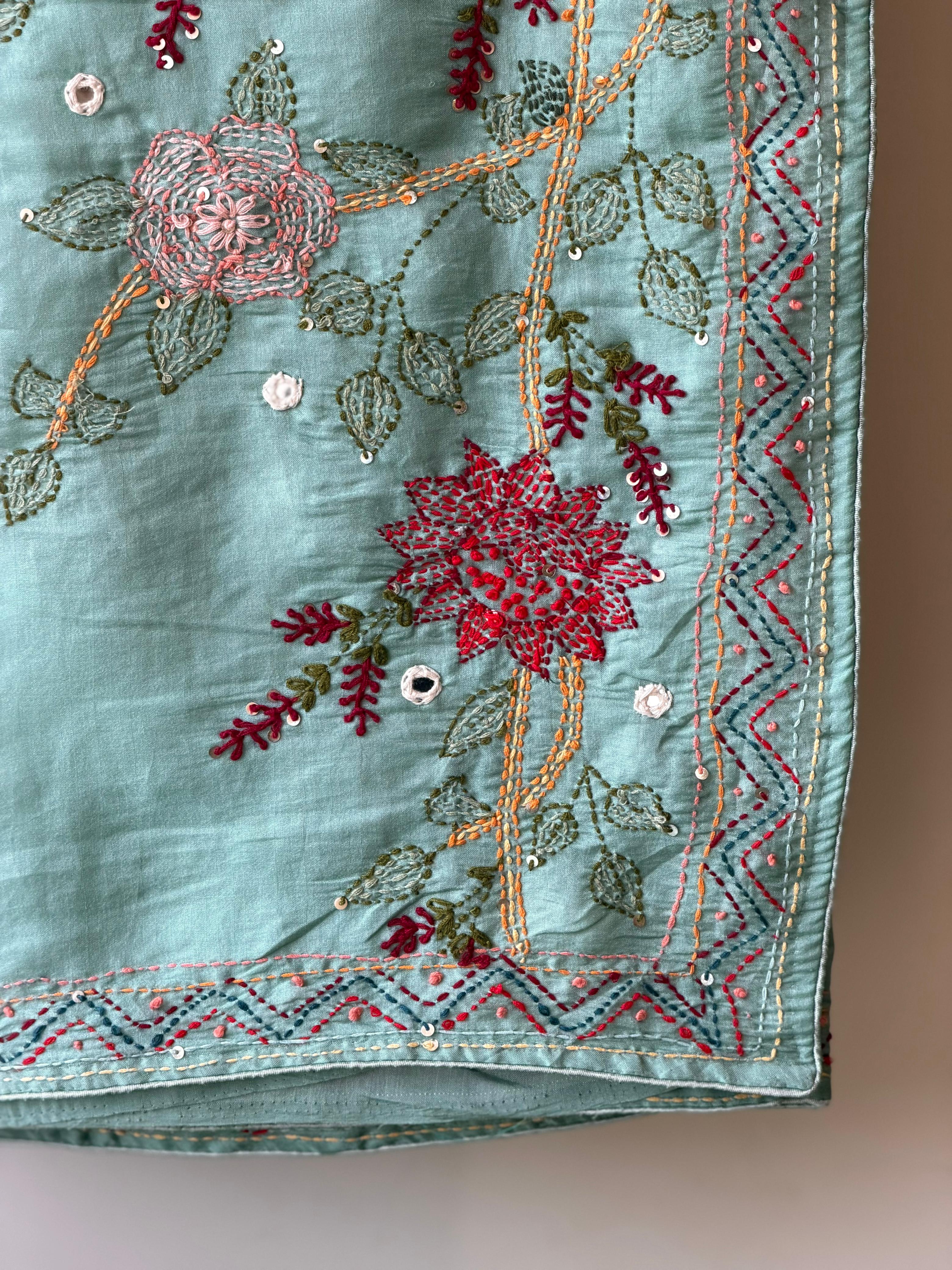 Pastal Blue kantha Hand embroidered Saree - PSSU1F