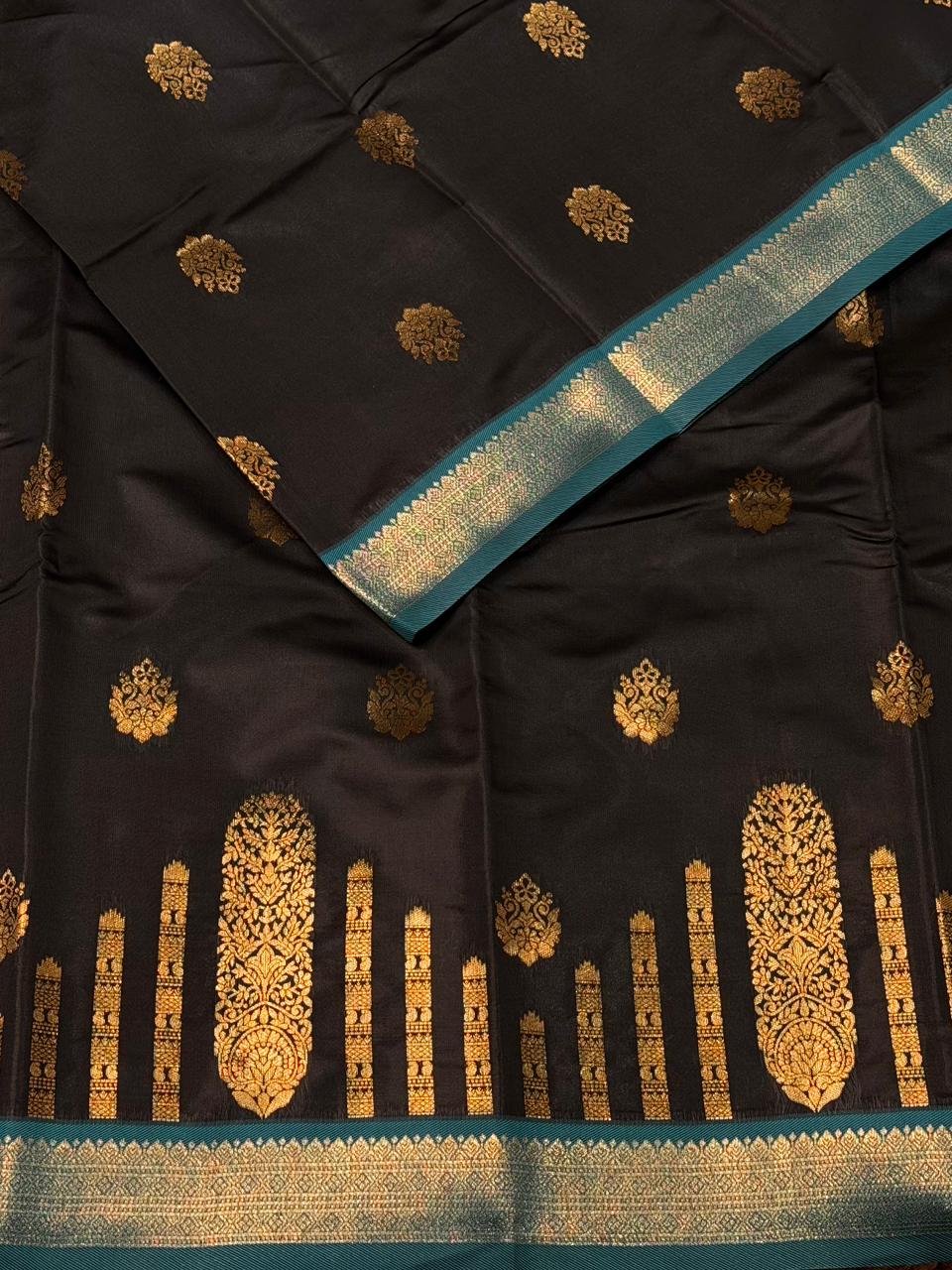 Black and Peacock blue silk saree - PDL2B